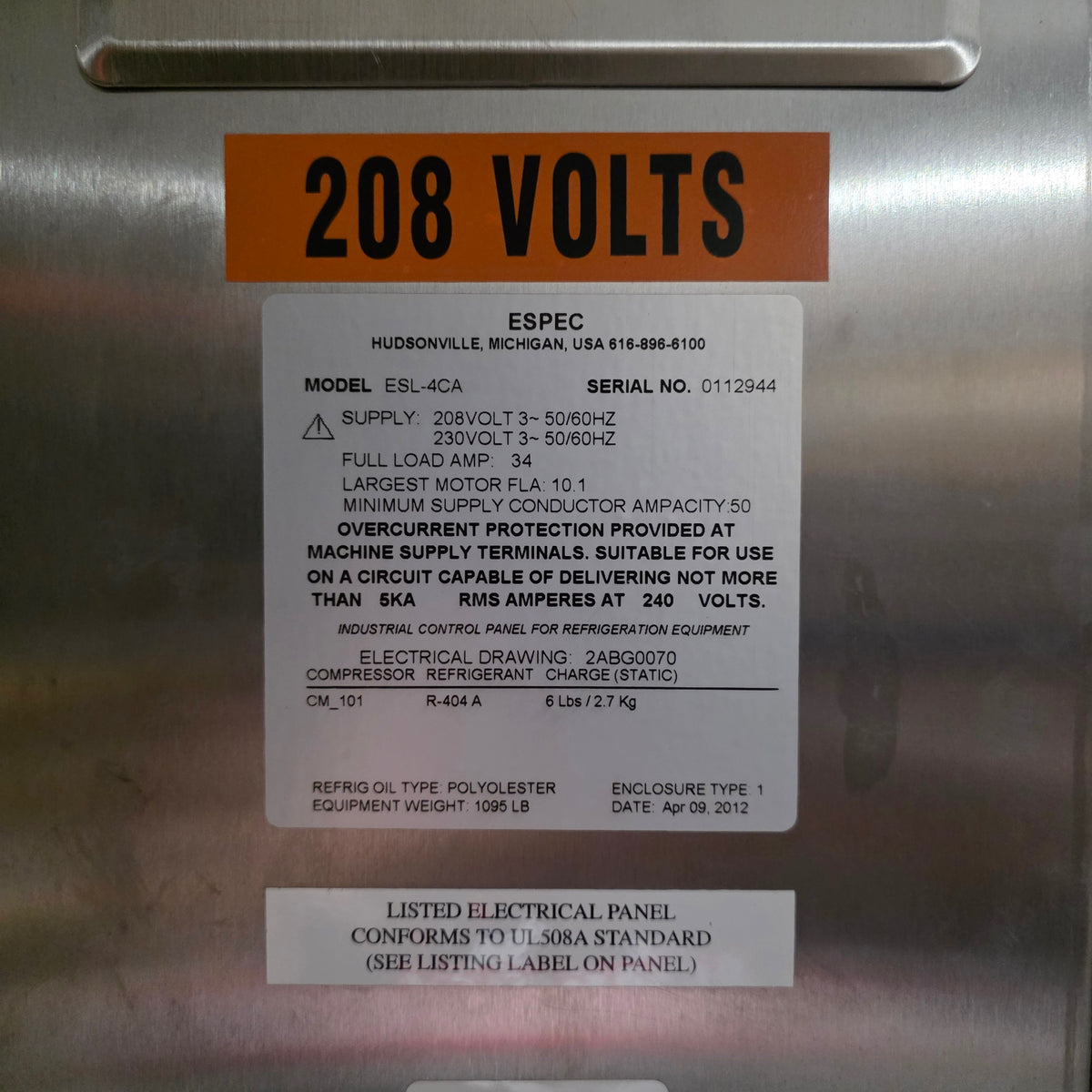 Used Espec ESL-4CA Environmental Test Chamber 32CuFt, -35 To 150°C, 208VAC 3-Ph 34A