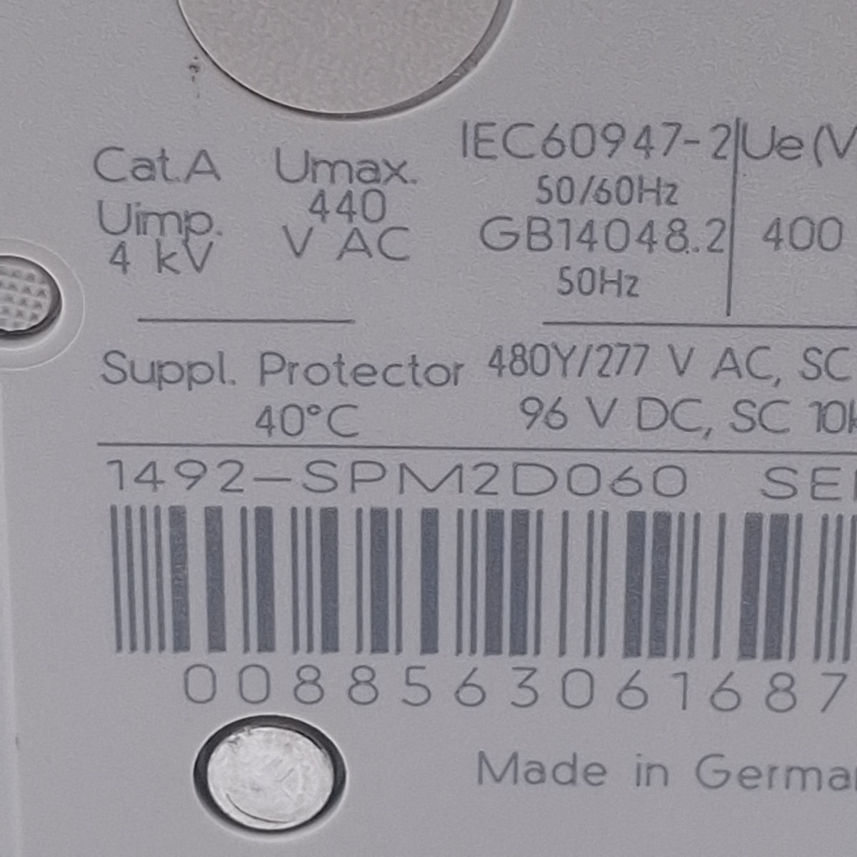 Used Allen Bradley 1492-SPM2D060 Circuit Breaker, 2-Pole, 6A 480Y/277VAC, DIN Rail