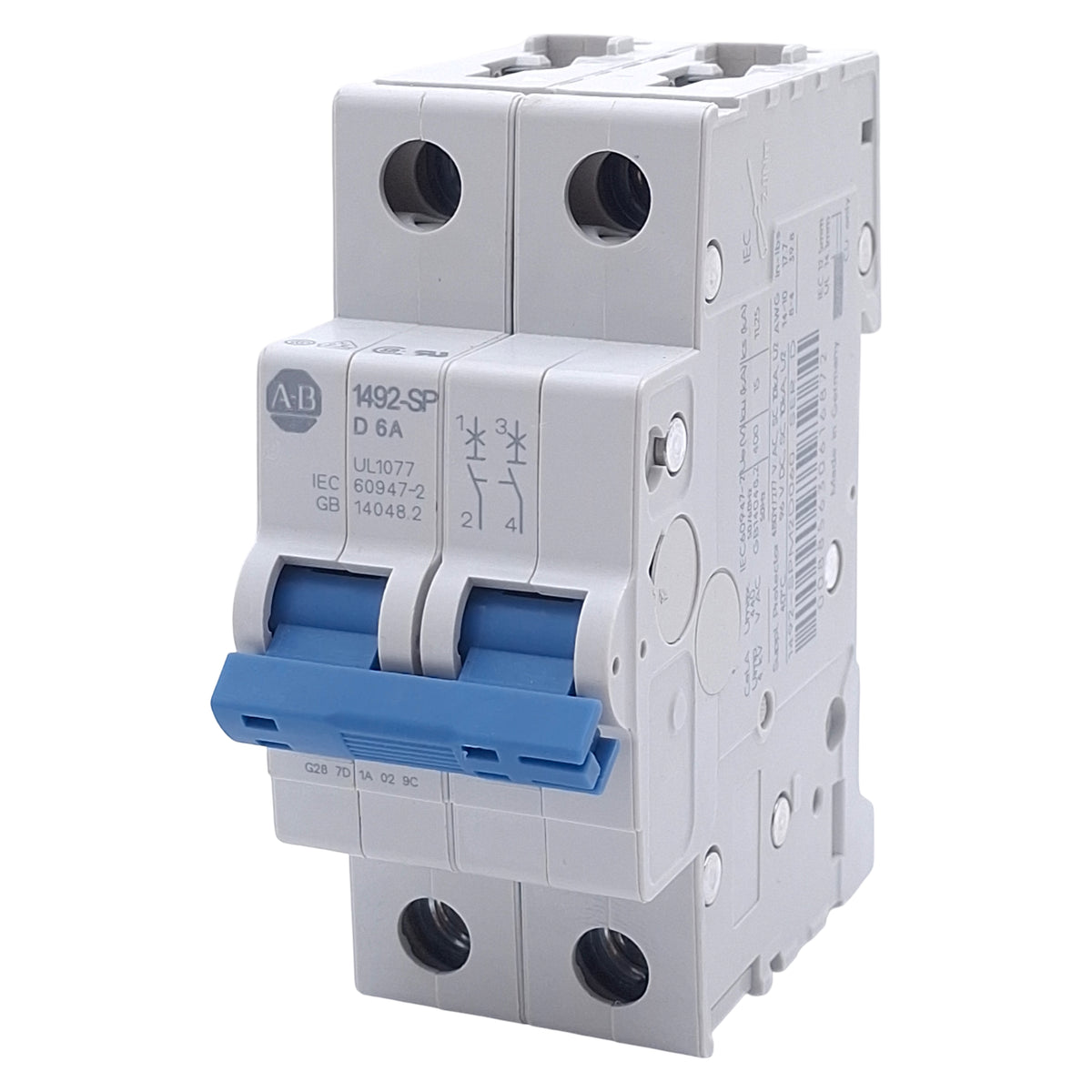 Used Allen Bradley 1492-SPM2D060 Circuit Breaker, 2-Pole, 6A 480Y/277VAC, DIN Rail