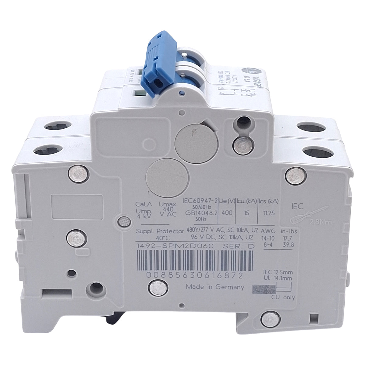 Used Allen Bradley 1492-SPM2D060 Circuit Breaker, 2-Pole, 6A 480Y/277VAC, DIN Rail