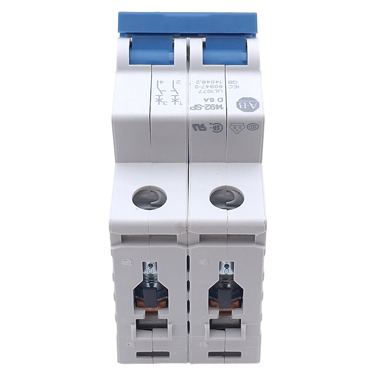 Used Allen Bradley 1492-SPM2D060 Circuit Breaker, 2-Pole, 6A 480Y/277VAC, DIN Rail