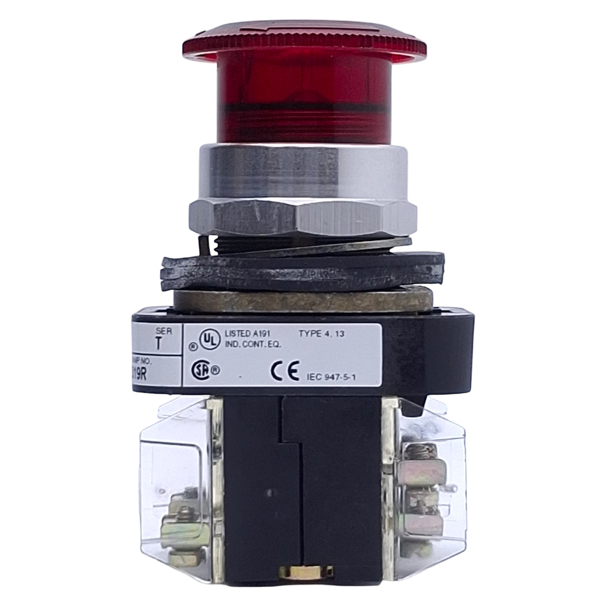 Used Allen Bradley 800T-FZTQH24RA Illuminated Push-Pull/Twist-Release E-Stop, 1NO+1NC