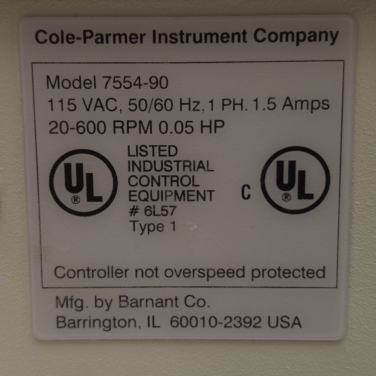 Used Cole Parmer 7554-90 MasterFlex L/S Peristaltic Pump Drive 1/20HP, 600rpm, 115VAC