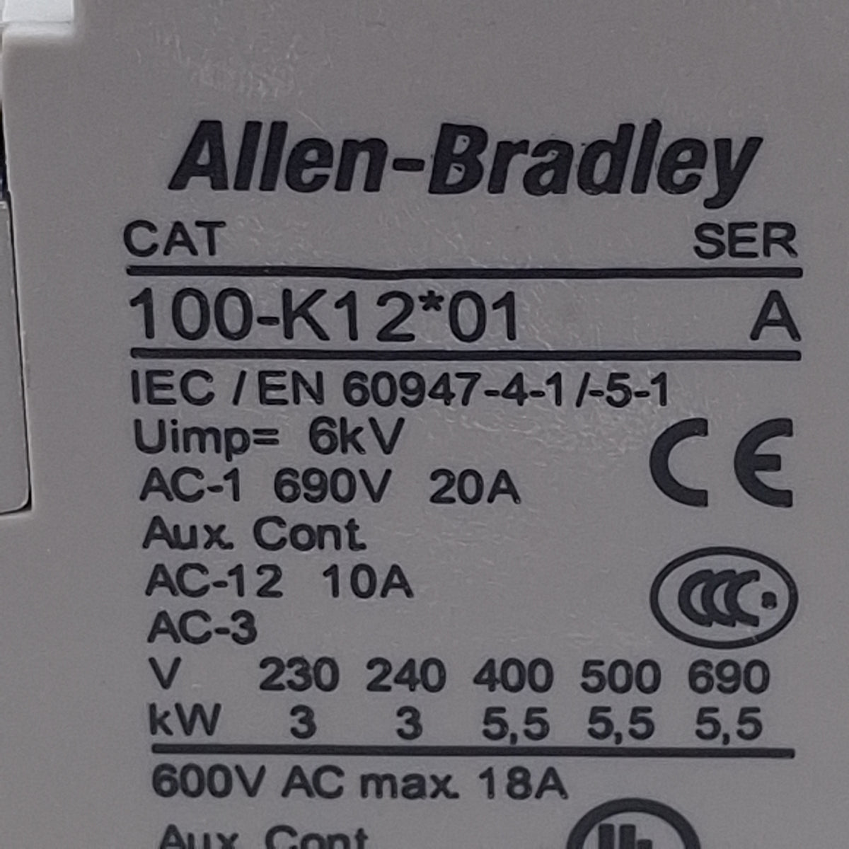 Used Allen Bradley 100-K12ZJ01 Contactor, 4-Pole 3NO/1NC, 12A 460/480VAC, 24VDC Coil