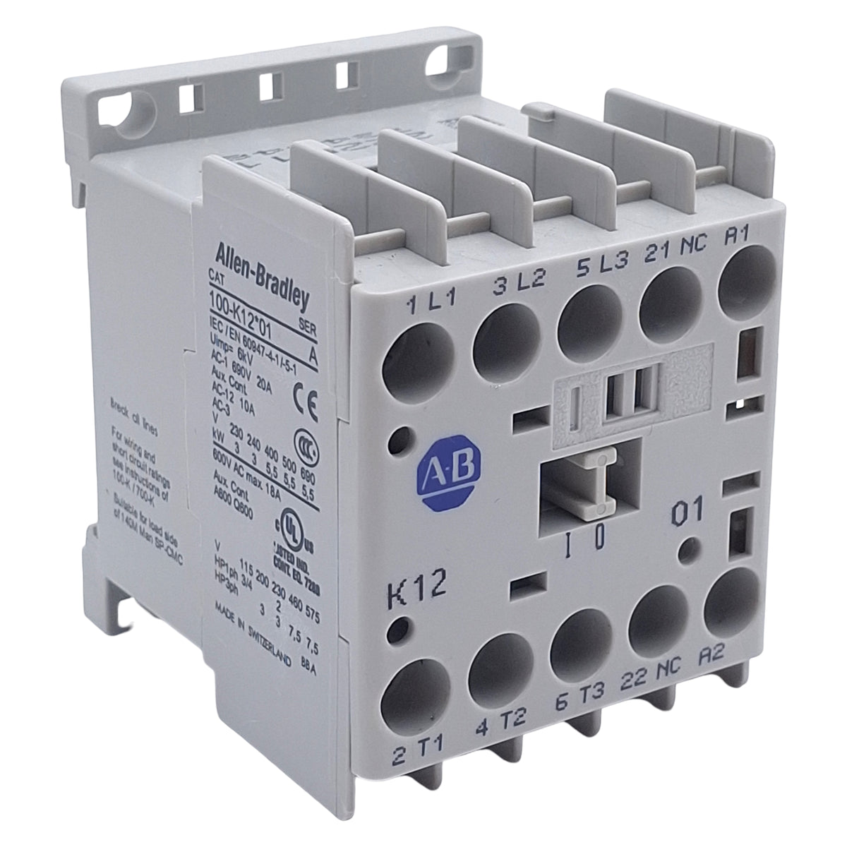 Used Allen Bradley 100-K12ZJ01 Contactor, 4-Pole 3NO/1NC, 12A 460/480VAC, 24VDC Coil