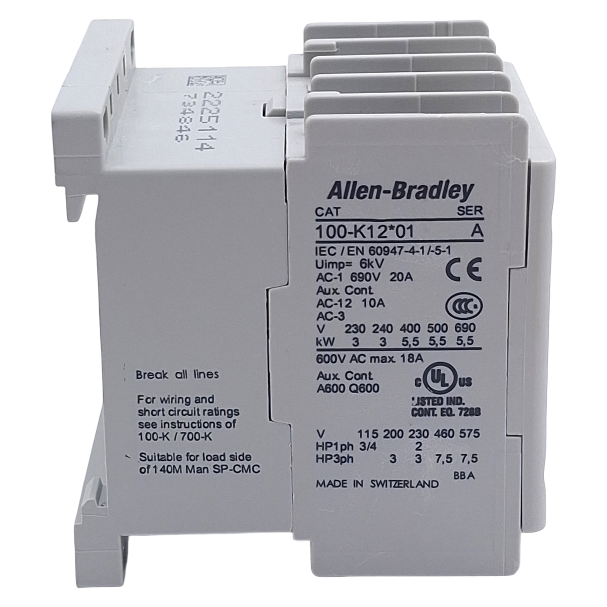 Used Allen Bradley 100-K12ZJ01 Contactor, 4-Pole 3NO/1NC, 12A 460/480VAC, 24VDC Coil