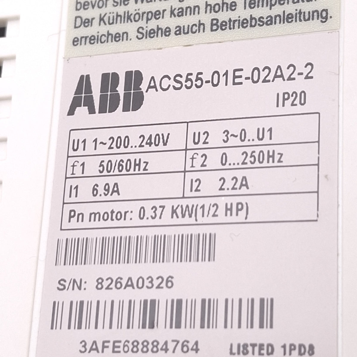 Used ABB ACS55-01E-02A2-2 Variable Speed Drive, 2.2/3.3A 0-230VAC 3ph Out, 0.5hp Max