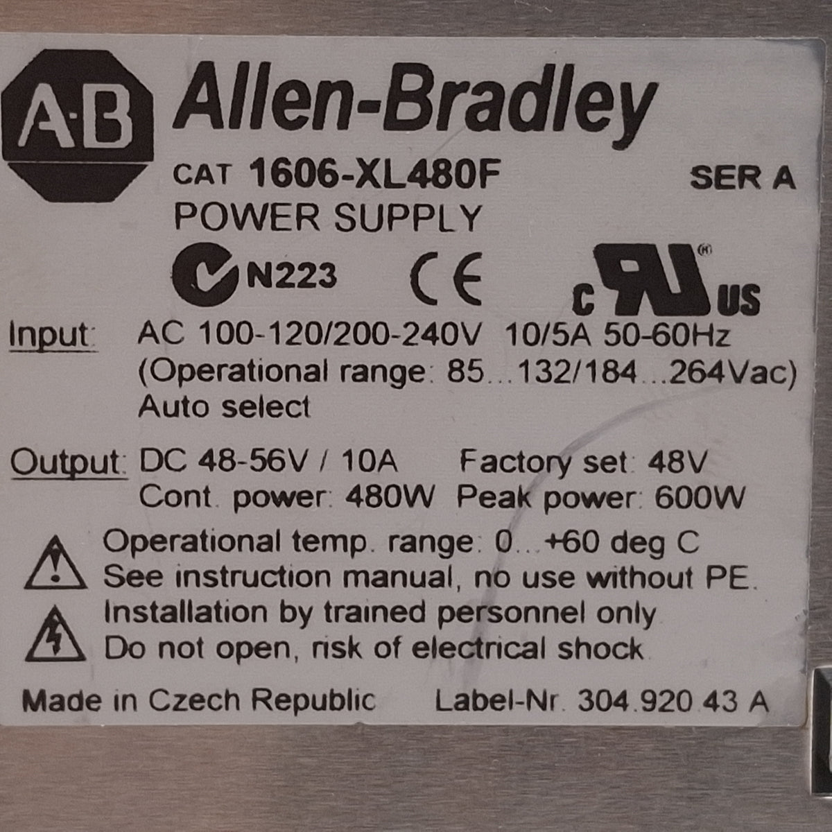 Used Allen Bradley 1606-XL480F PLC Power Supply, 480W, 48-56VDC OUT, 120/240VAC IN