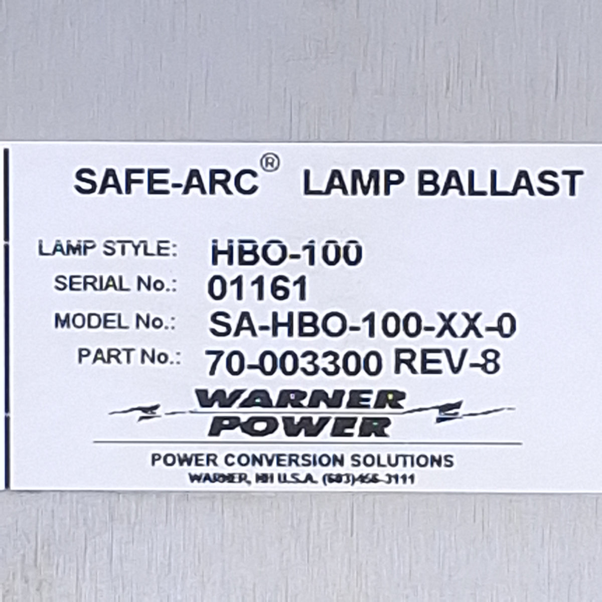 Used Warner Power SA-HB0-100-XX-0 SafeArc Lamp Ballast Power Supply, 320VDC Output