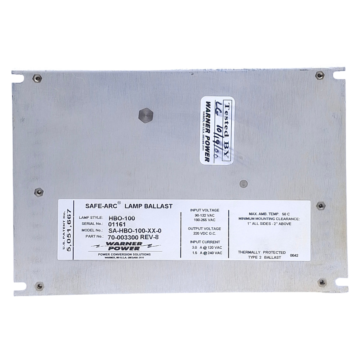 Used Warner Power SA-HB0-100-XX-0 SafeArc Lamp Ballast Power Supply, 320VDC Output