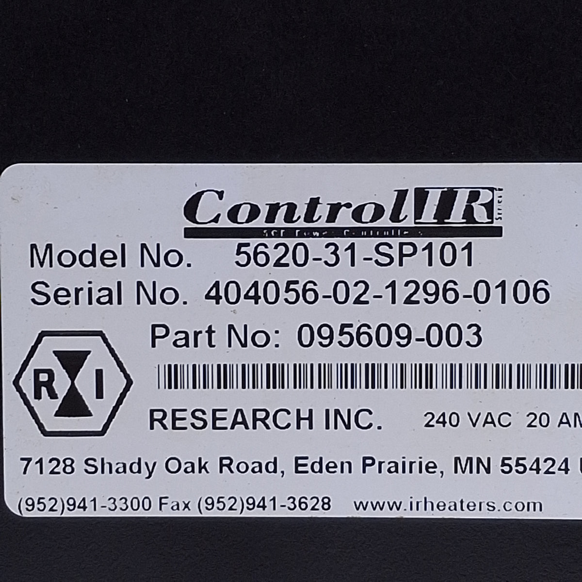 Used Control IR 5620-31-SP101 SCR Power Controller 240VAC Line, 10A, External Contact