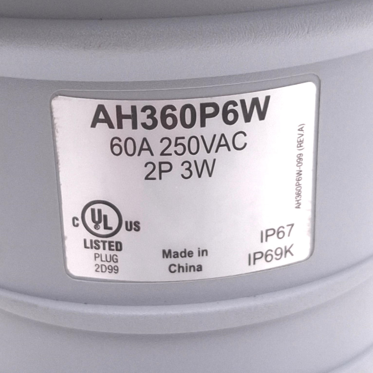 Used Eaton AH360P6W Pin and Sleeve Plug, 2-Pole 3-Wire Male, 60A 250VAC Max