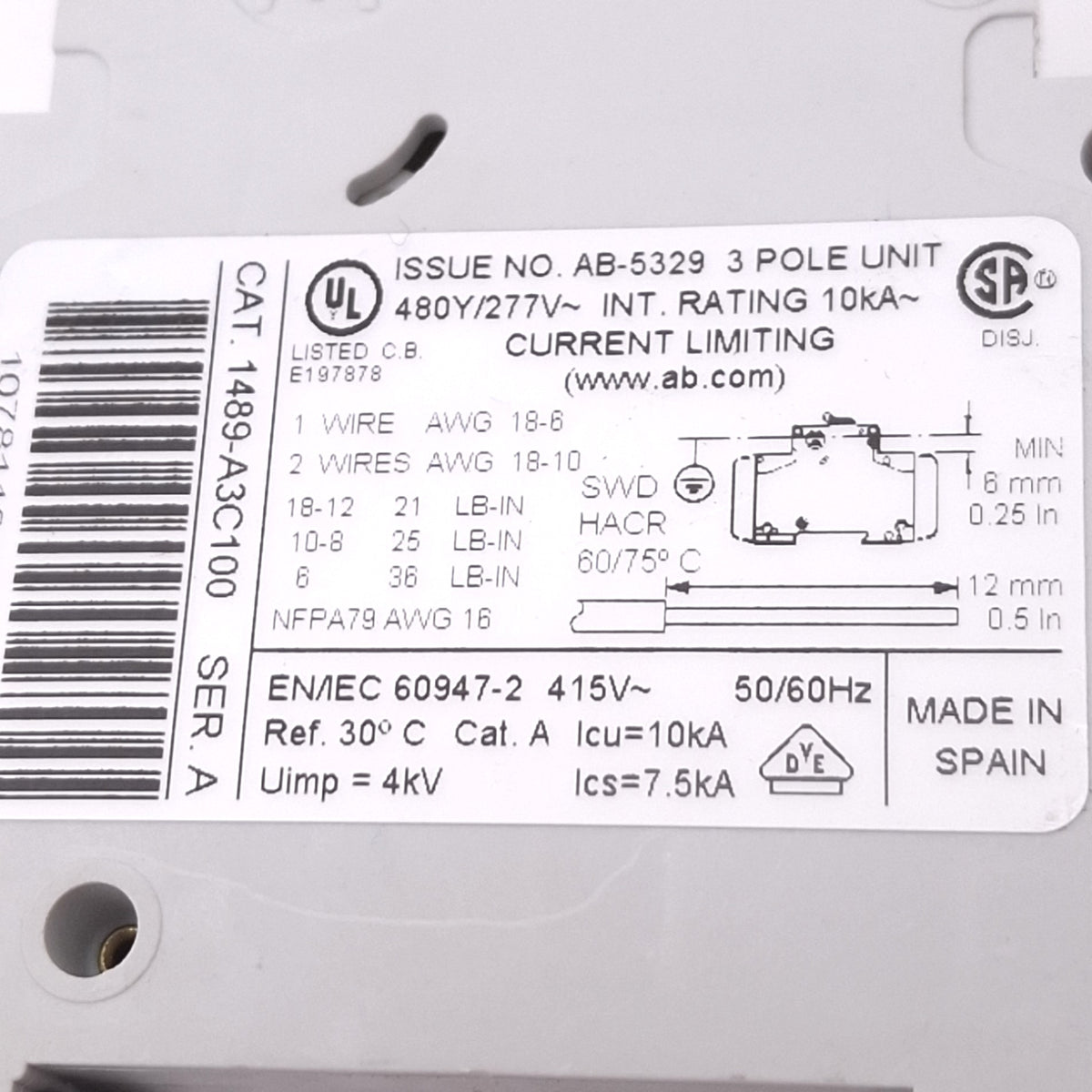 Used Allen Bradley 1489-A3C100 Circuit Breaker, 3-Pole 10A, 480Y/277VAC Max