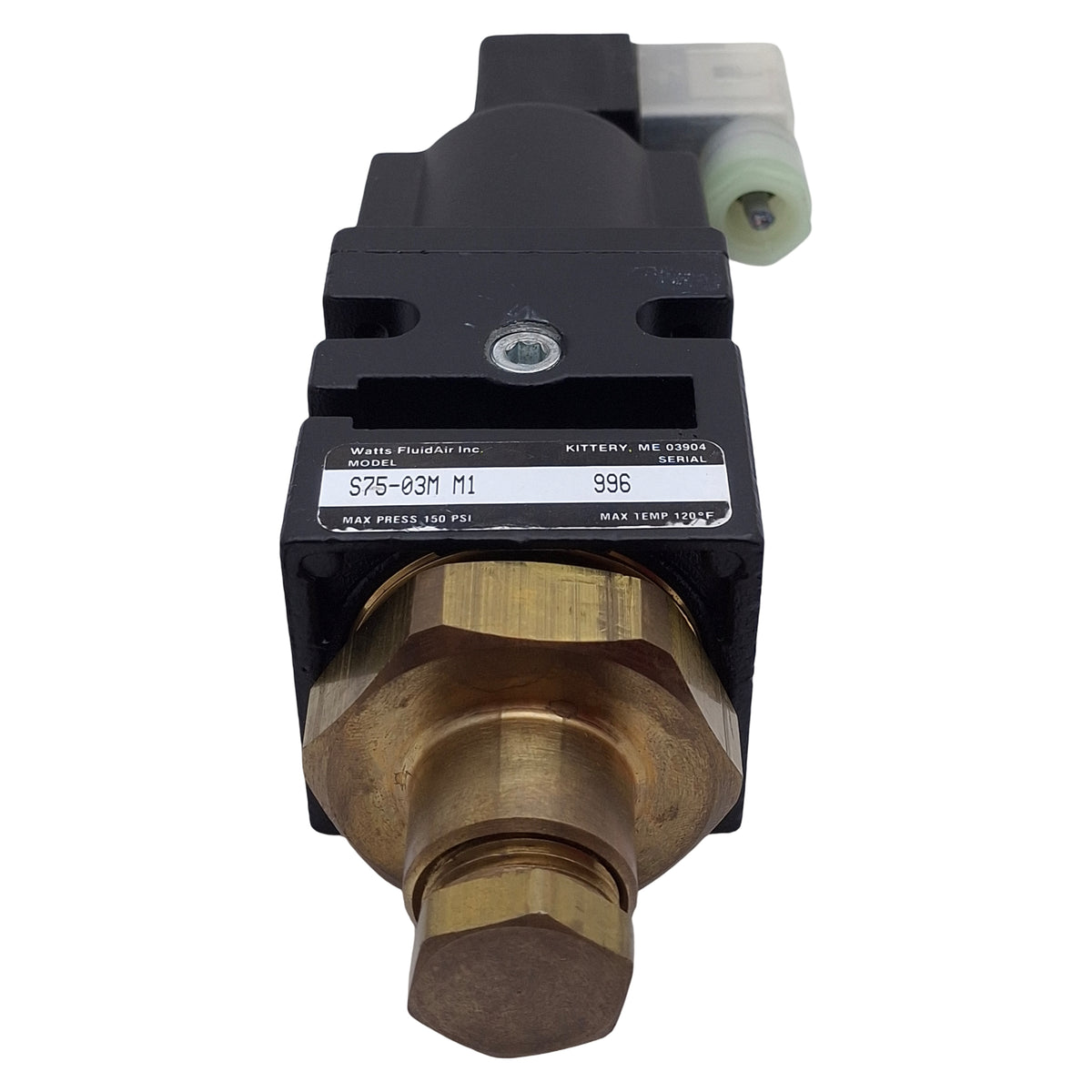 Used Parker Watts S75-03M Quick Dump Solenoid Valve, 3/8NPT, 145psi, 24VDC/48VAC Coil