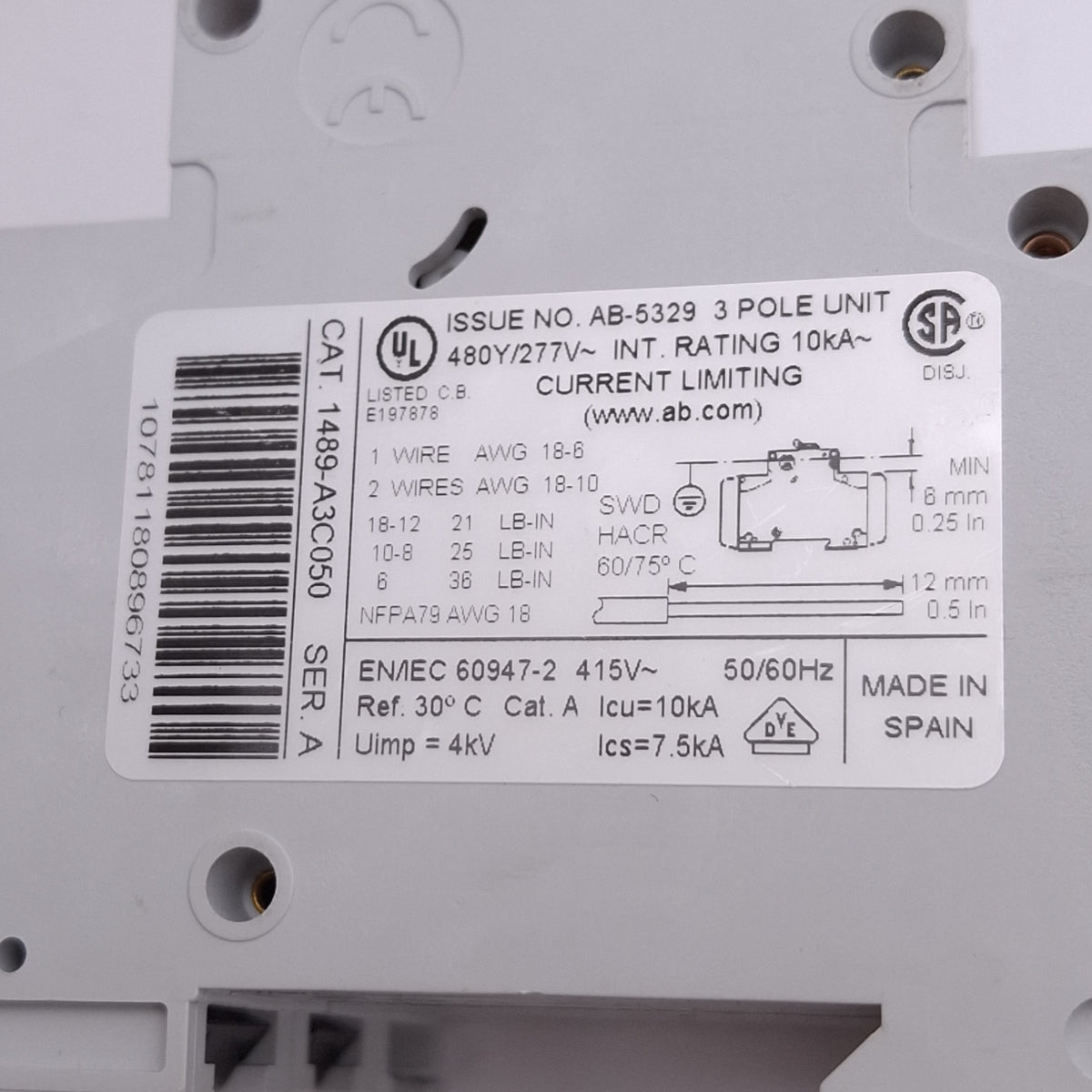 Used Allen Bradley 1489-A3C050 Circuit Breaker, 3-Pole, 5A, 480Y/277VAC Max