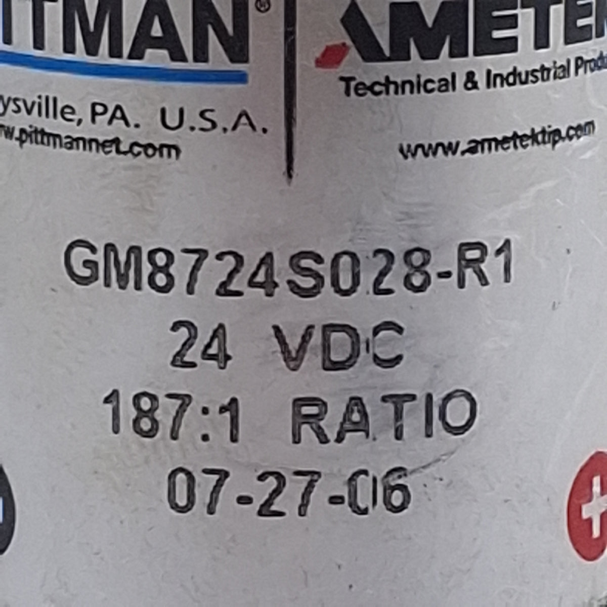 Used Ametek Pittman GM8724S028-R1 Brush Commutated DC Gearmotor, 187:1 Ratio, 24VDC