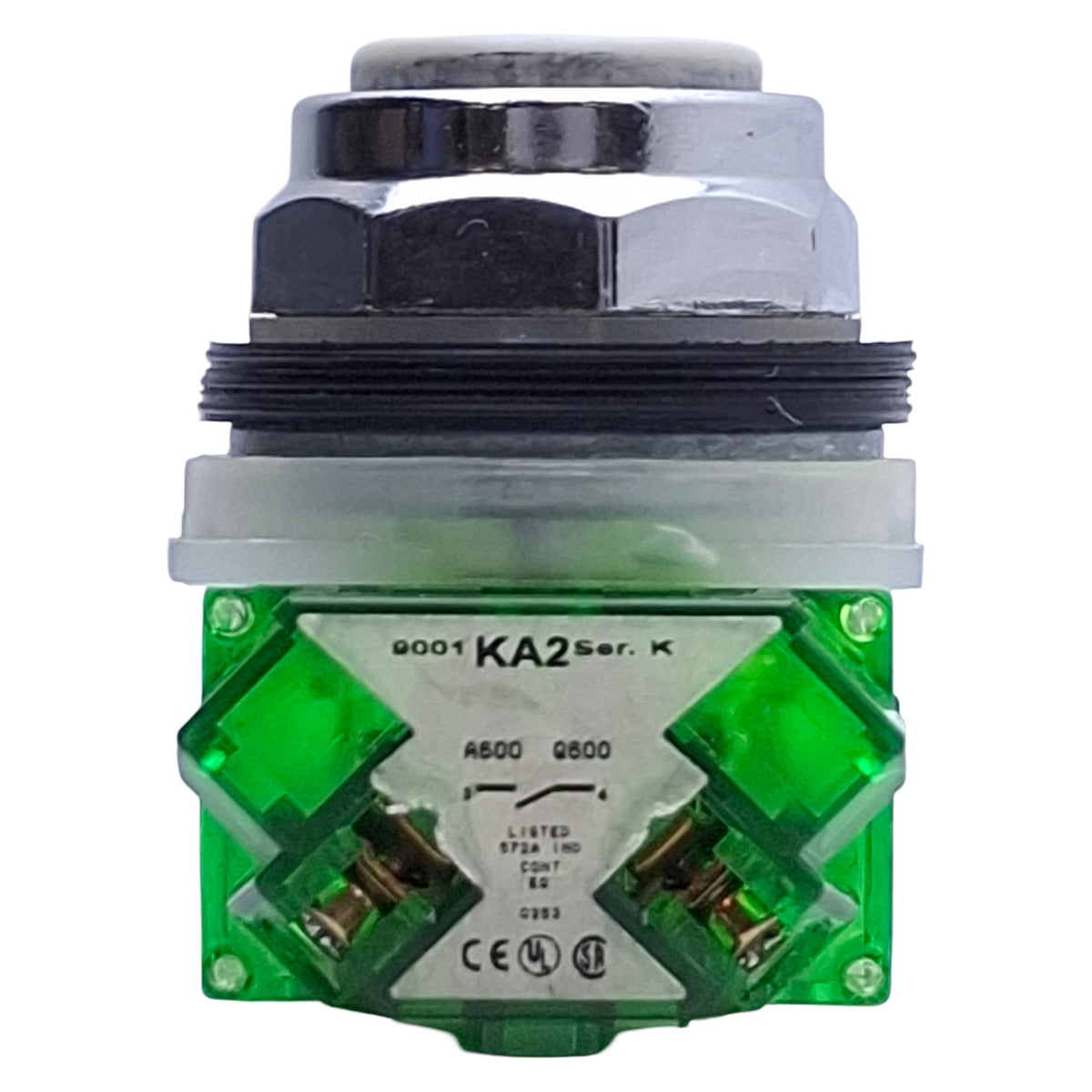 Used Square D 9001KR1GH5 Green Pushbutton Switch, 2NO, ø30mm, 600VAC 10A Max