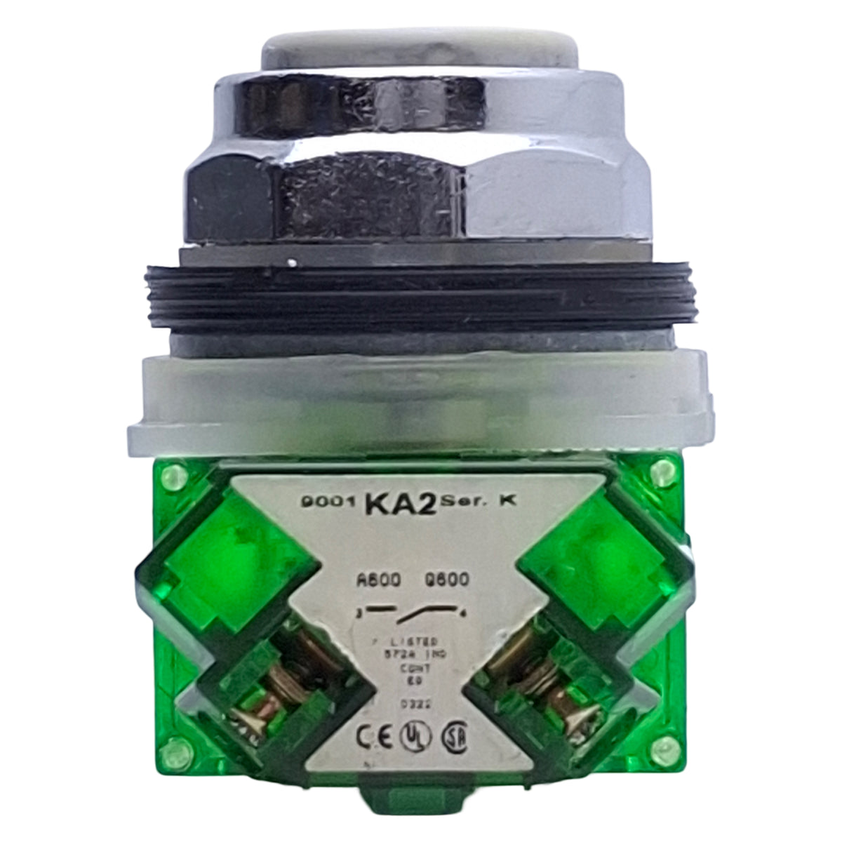 Used Square D 9001KR1GH5 Green Pushbutton Switch, 2NO, ø30mm, 600VAC 10A Max