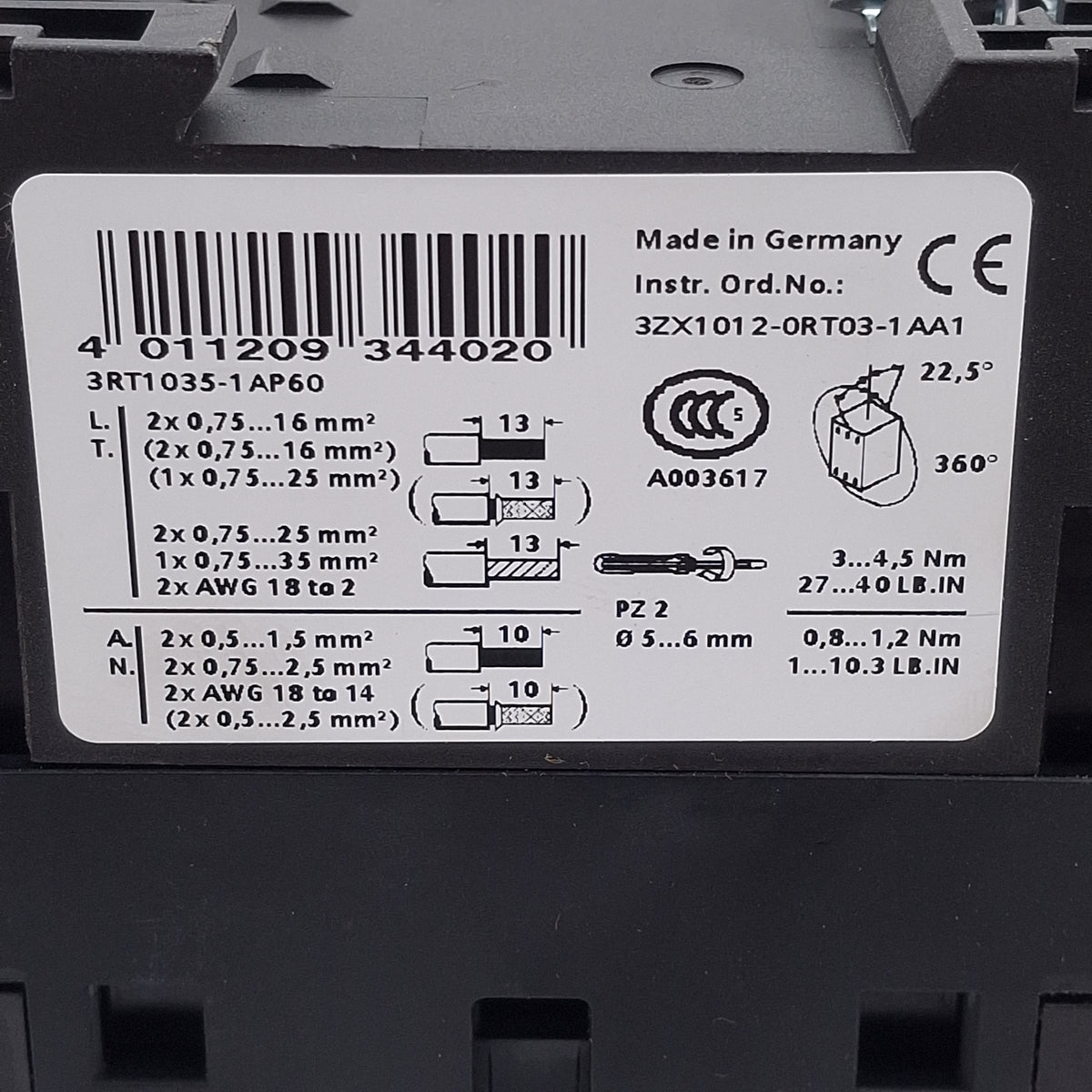 Used Siemens 3RT1035-1AP60 Power Contactor, 3-Pole, 40/60A, 400V, 220/240VAC Coil
