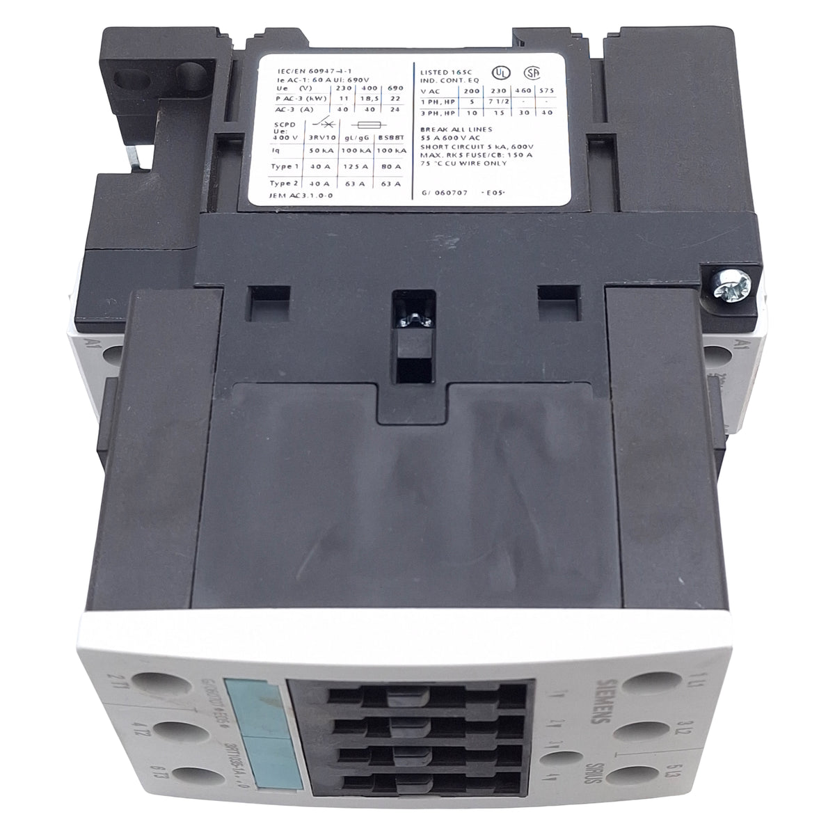 Used Siemens 3RT1035-1AP60 Power Contactor, 3-Pole, 40/60A, 400V, 220/240VAC Coil