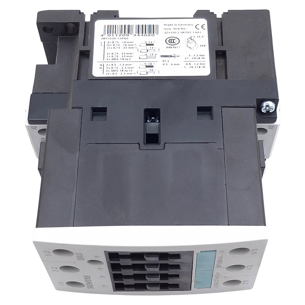 Used Siemens 3RT1035-1AP60 Power Contactor, 3-Pole, 40/60A, 400V, 220/240VAC Coil
