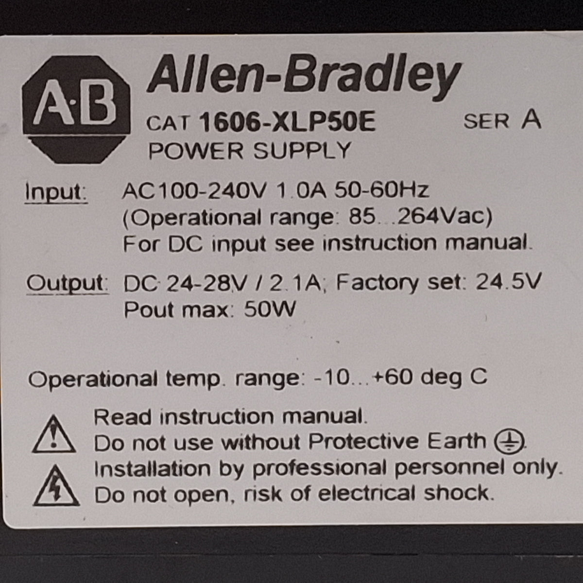 Used Allen Bradley 1606-XLP50E PLC Power Supply, 50W 24-28VDC OUT, 100-240VAC IN