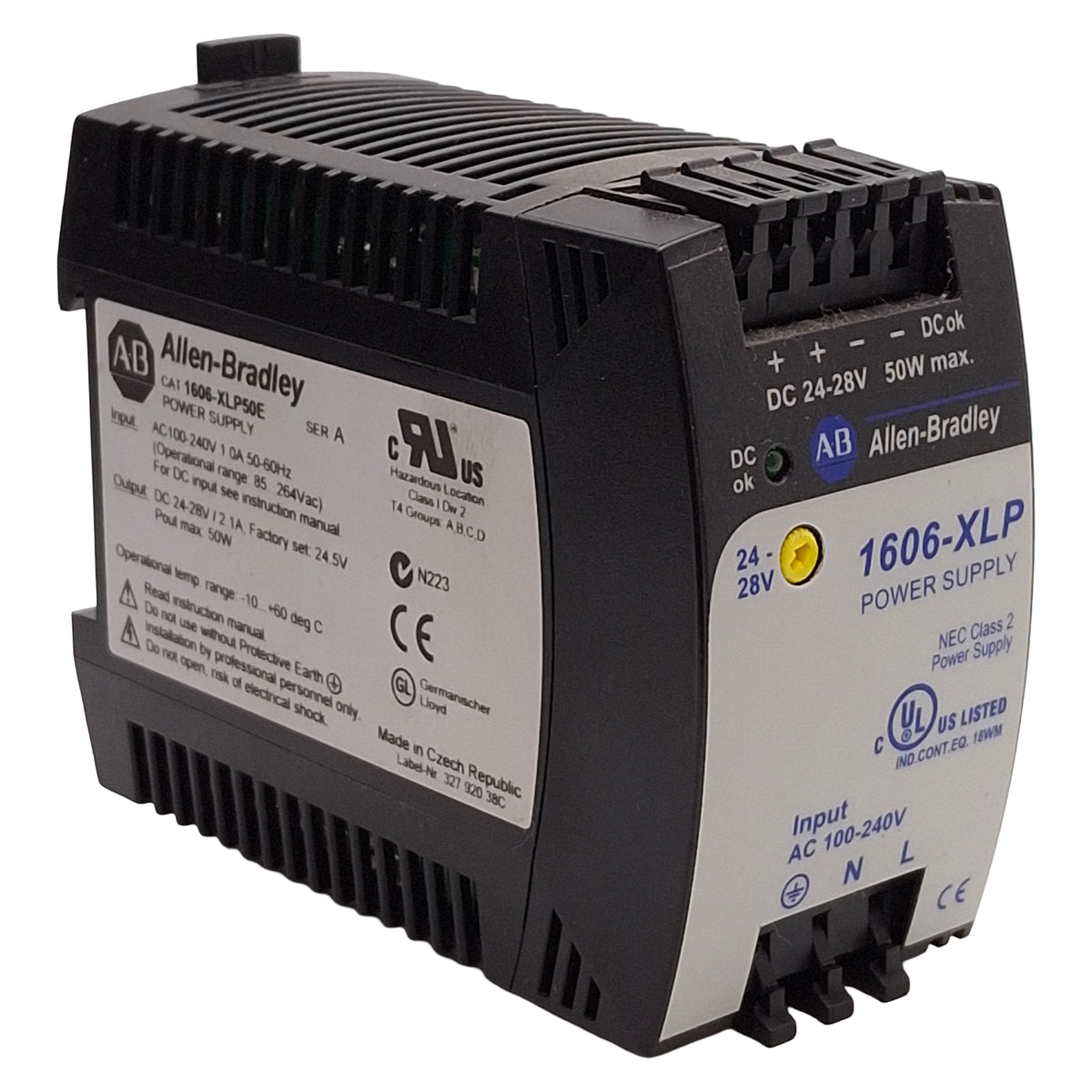 Used Allen Bradley 1606-XLP50E PLC Power Supply, 50W 24-28VDC OUT, 100-240VAC IN