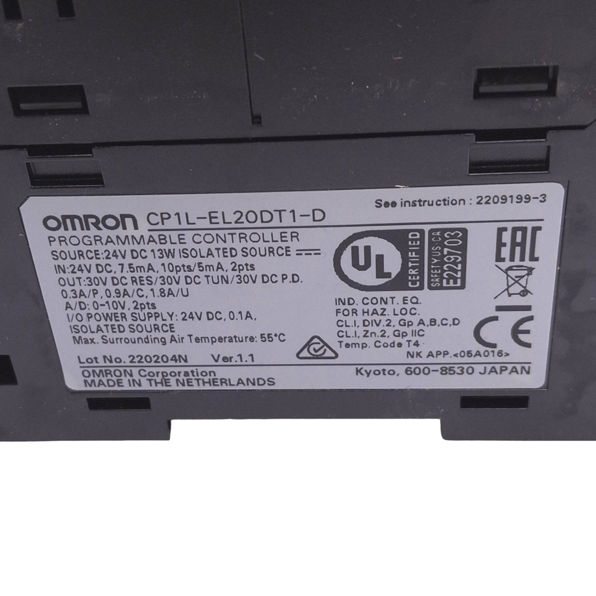 Used Omron CP1L-EL20DT1-D Programmable Controller, 20-Point I/O, Ethernet, 24VDC