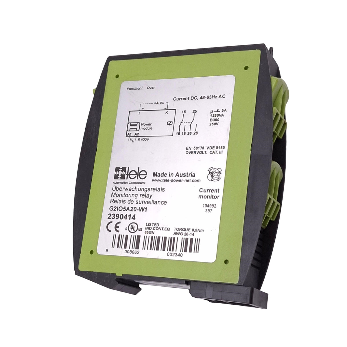Used Tele Haase G2IO5A20-W1 Overcurrent Monitoring Relay, 1-Phase AC/DC 5A, 0s-5s
