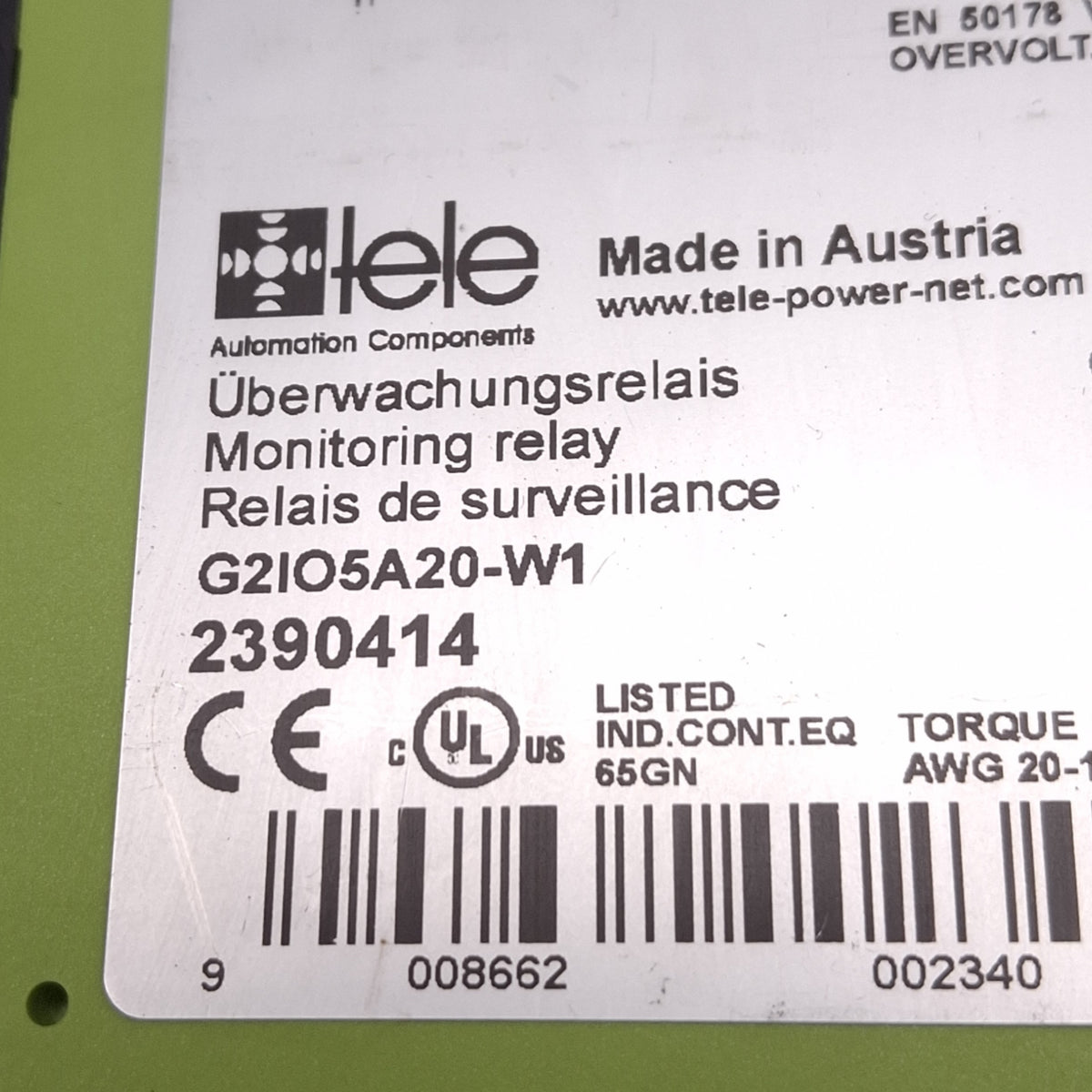 Used Tele Haase G2IO5A20-W1 Overcurrent Monitoring Relay, 1-Phase AC/DC 5A, 0s-5s