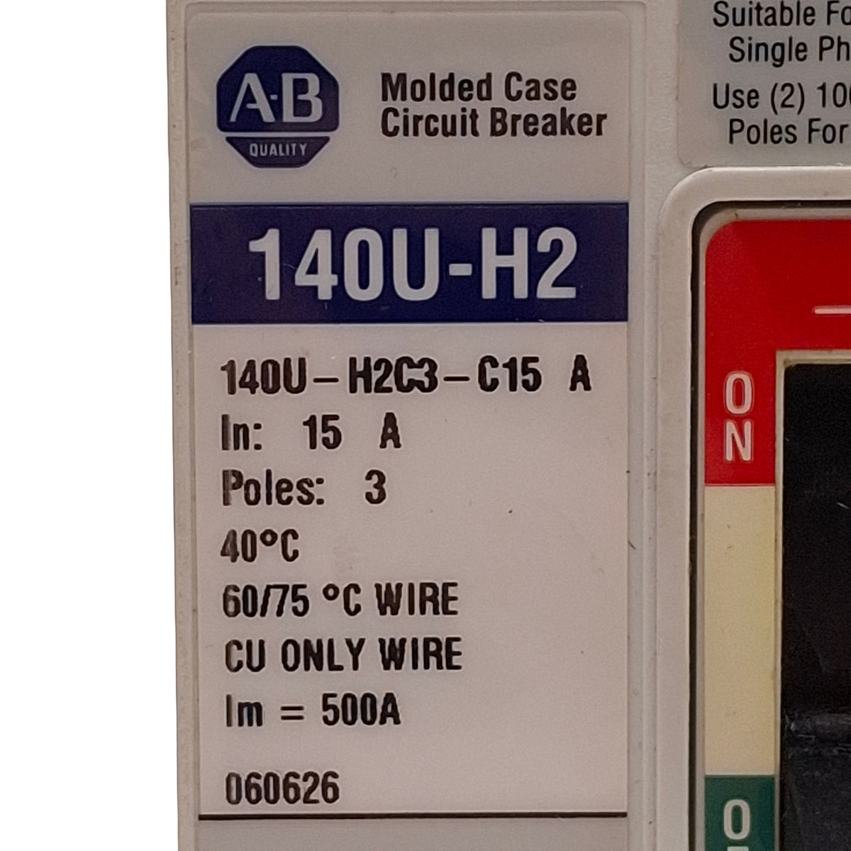 Used Allen Bradley 140U-H2C3-C15 Molded Case Circuit Breaker 3-Pole 15A 600VAC/250VDC