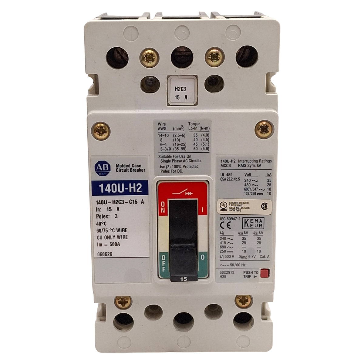Used Allen Bradley 140U-H2C3-C15 Molded Case Circuit Breaker 3-Pole 15A 600VAC/250VDC