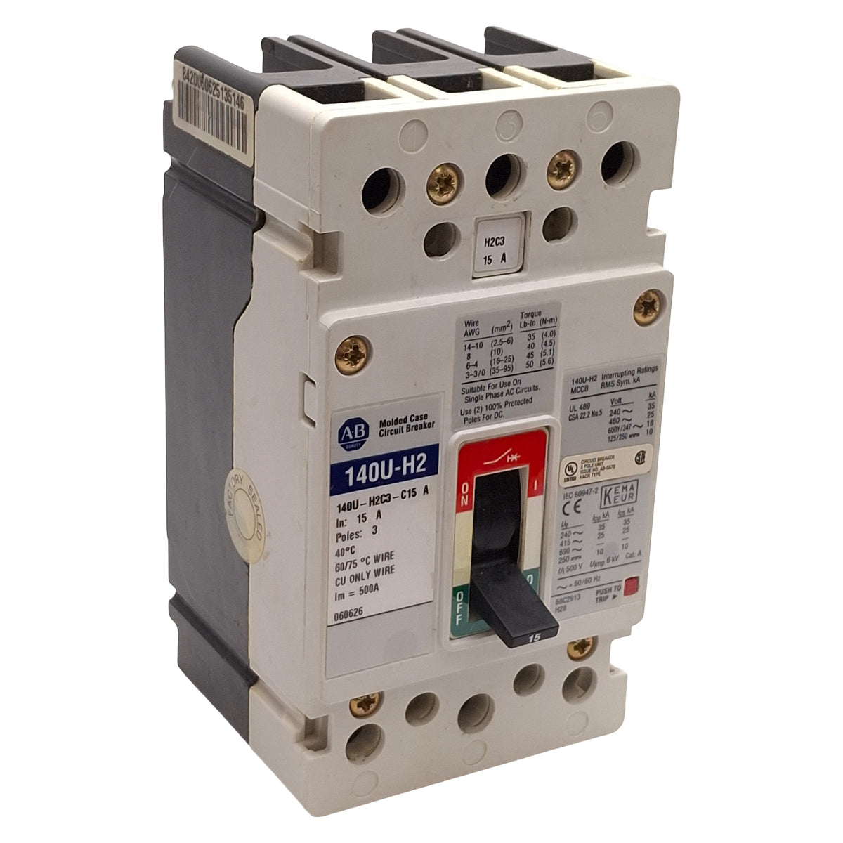 Used Allen Bradley 140U-H2C3-C15 Molded Case Circuit Breaker 3-Pole 15A 600VAC/250VDC