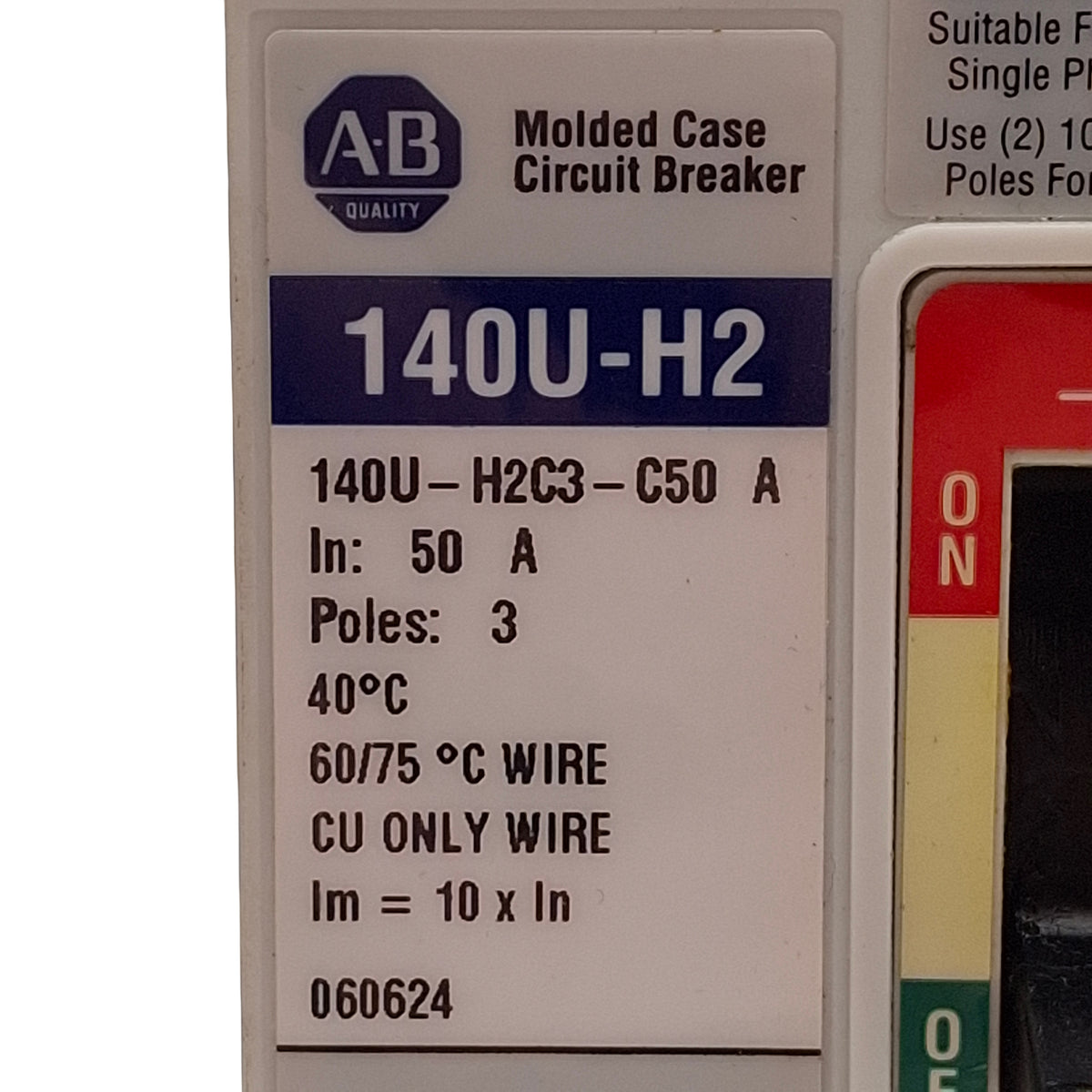 Used Allen Bradley 140U-H2C3-C50 Molded Case Circuit Breaker 3-Pole 50A 600VAC/250VDC