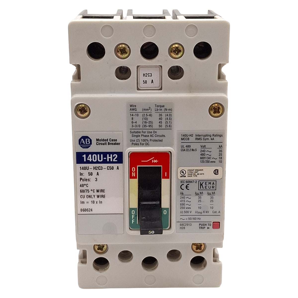 Used Allen Bradley 140U-H2C3-C50 Molded Case Circuit Breaker 3-Pole 50A 600VAC/250VDC