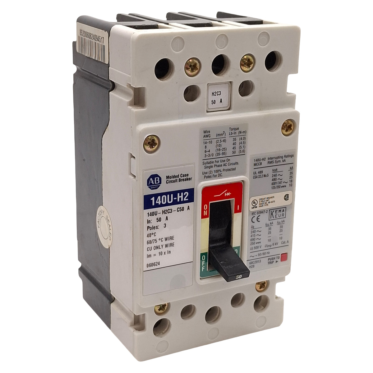 Used Allen Bradley 140U-H2C3-C50 Molded Case Circuit Breaker 3-Pole 50A 600VAC/250VDC