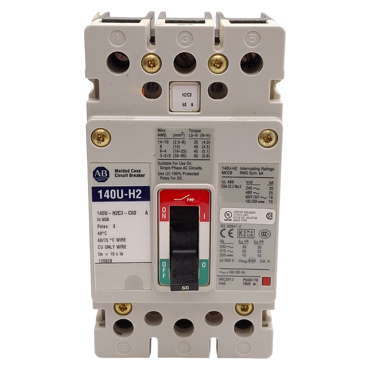 Used Allen Bradley 140U-H2C3-C60 Molded Case Circuit Breaker 3-Pole 60A 600VAC/250VDC