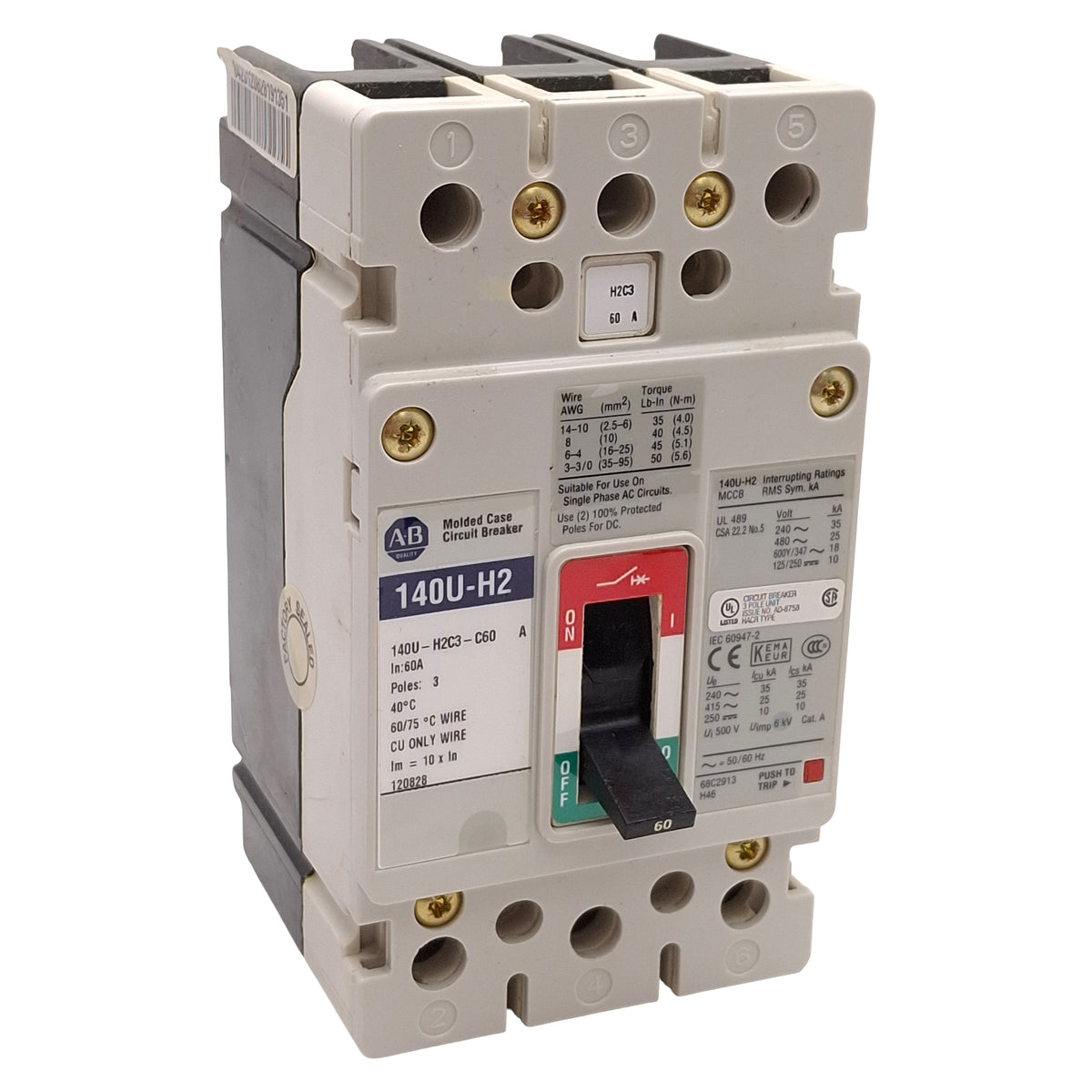 Used Allen Bradley 140U-H2C3-C60 Molded Case Circuit Breaker 3-Pole 60A 600VAC/250VDC