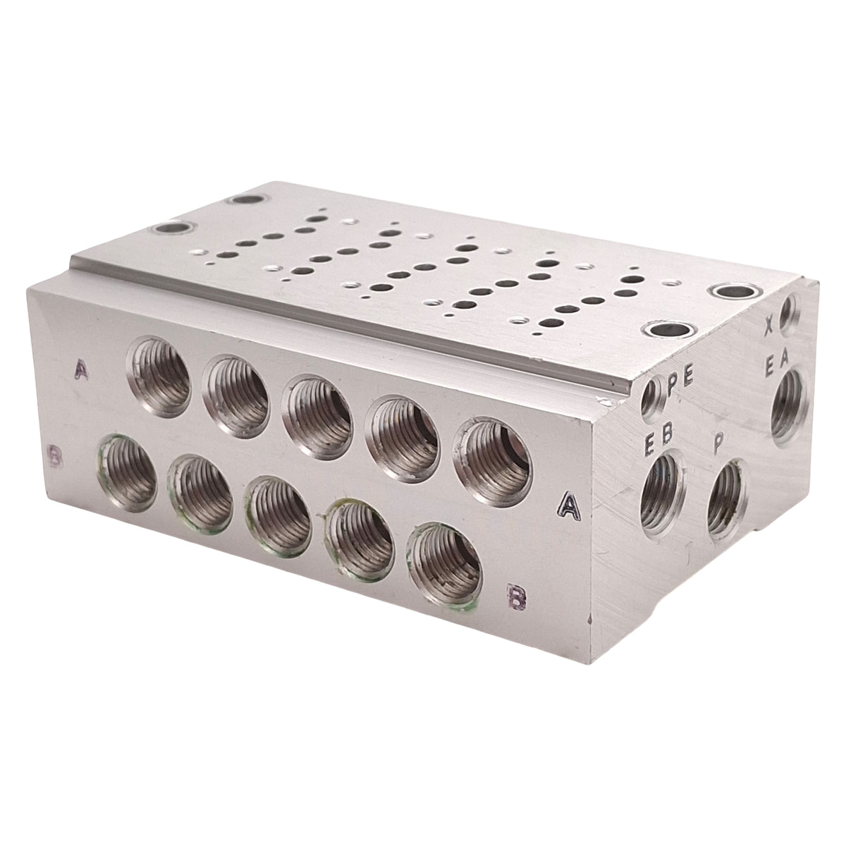 Used SMC SS5Y3-42-05-01N Aluminum Bar Stock Pneumatic Manifold, 5-Station, 1/8in NPT