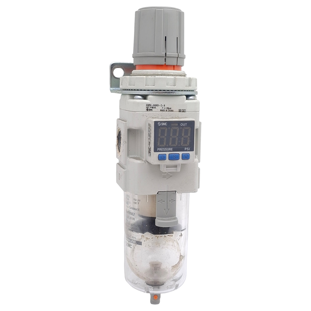 Used SMC AW30-N03E3-Z-B Pneumatic Filter Regulator, PNP, 3/8in NPT, 7-125psi, 5µm