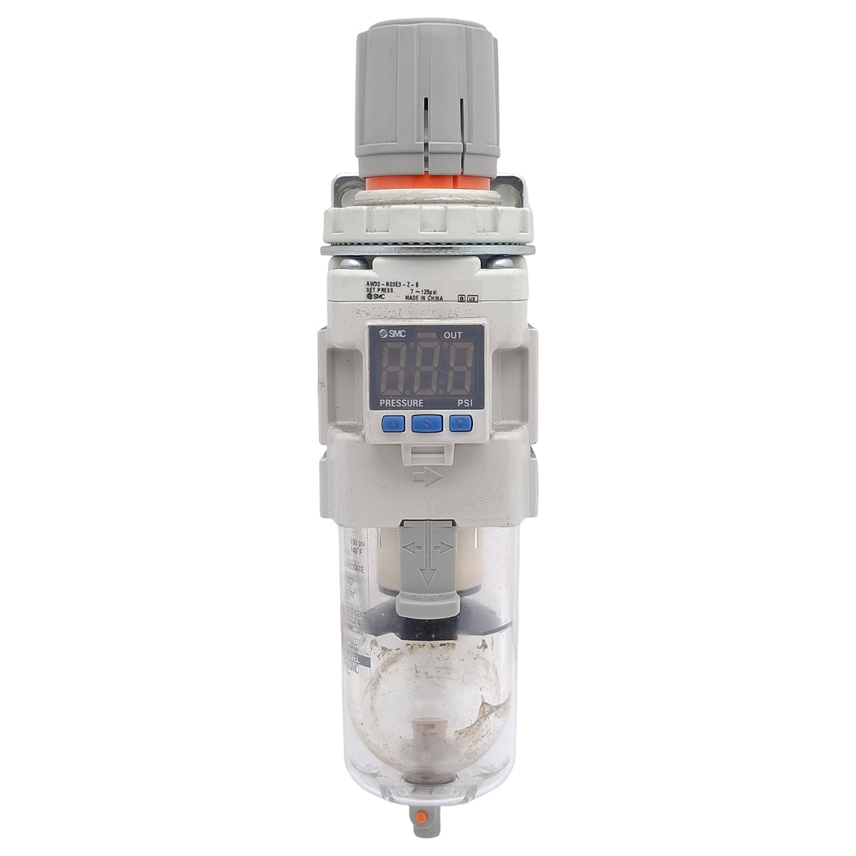 Used SMC AW30-N03E3-Z-B Pneumatic Filter Regulator, PNP, 3/8in NPT, 7-125psi, 5µm