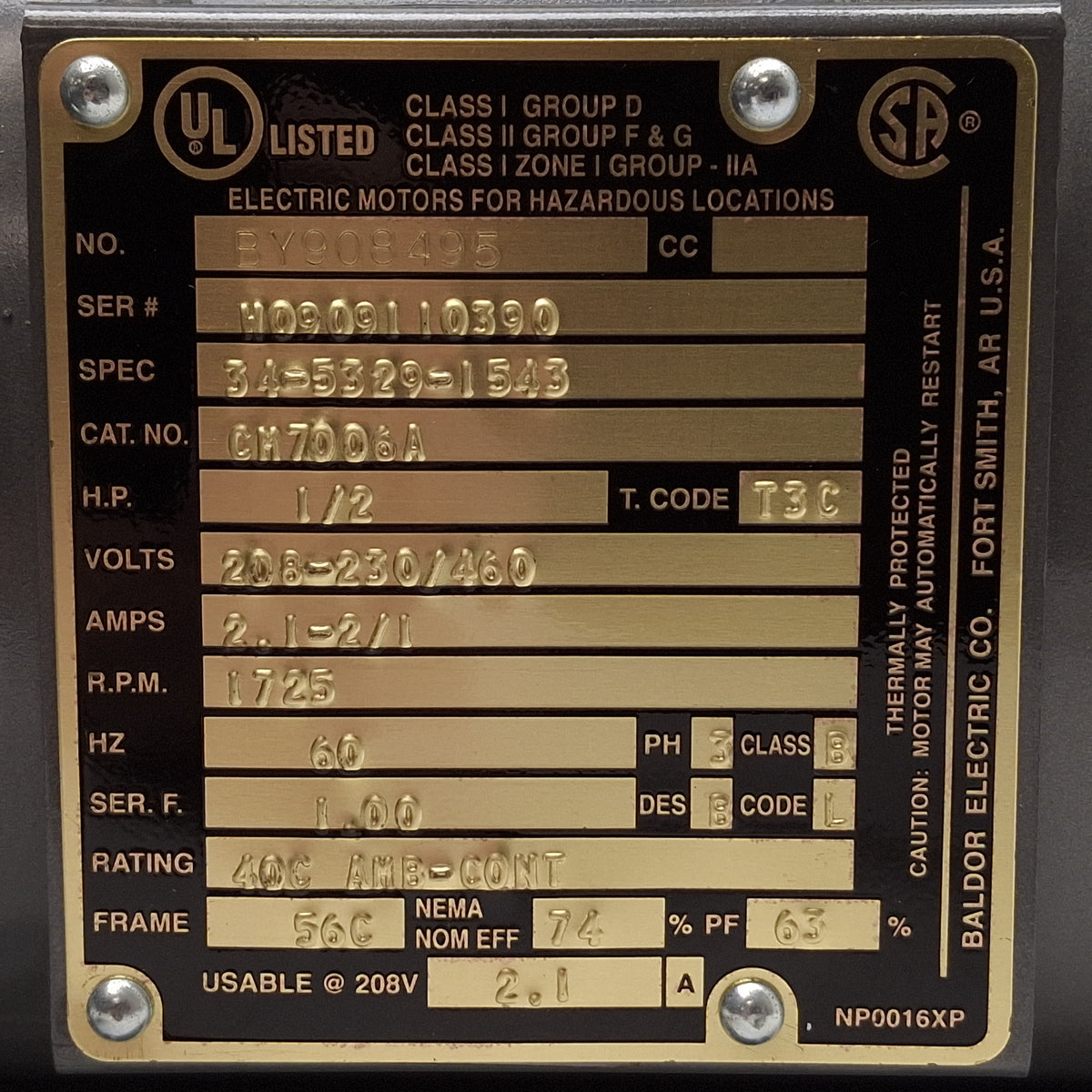 Used Baldor CM7006A Hazardous Location AC Motor, 1/2HP, 3Ø 208-230/460VAC, NEMA 56C