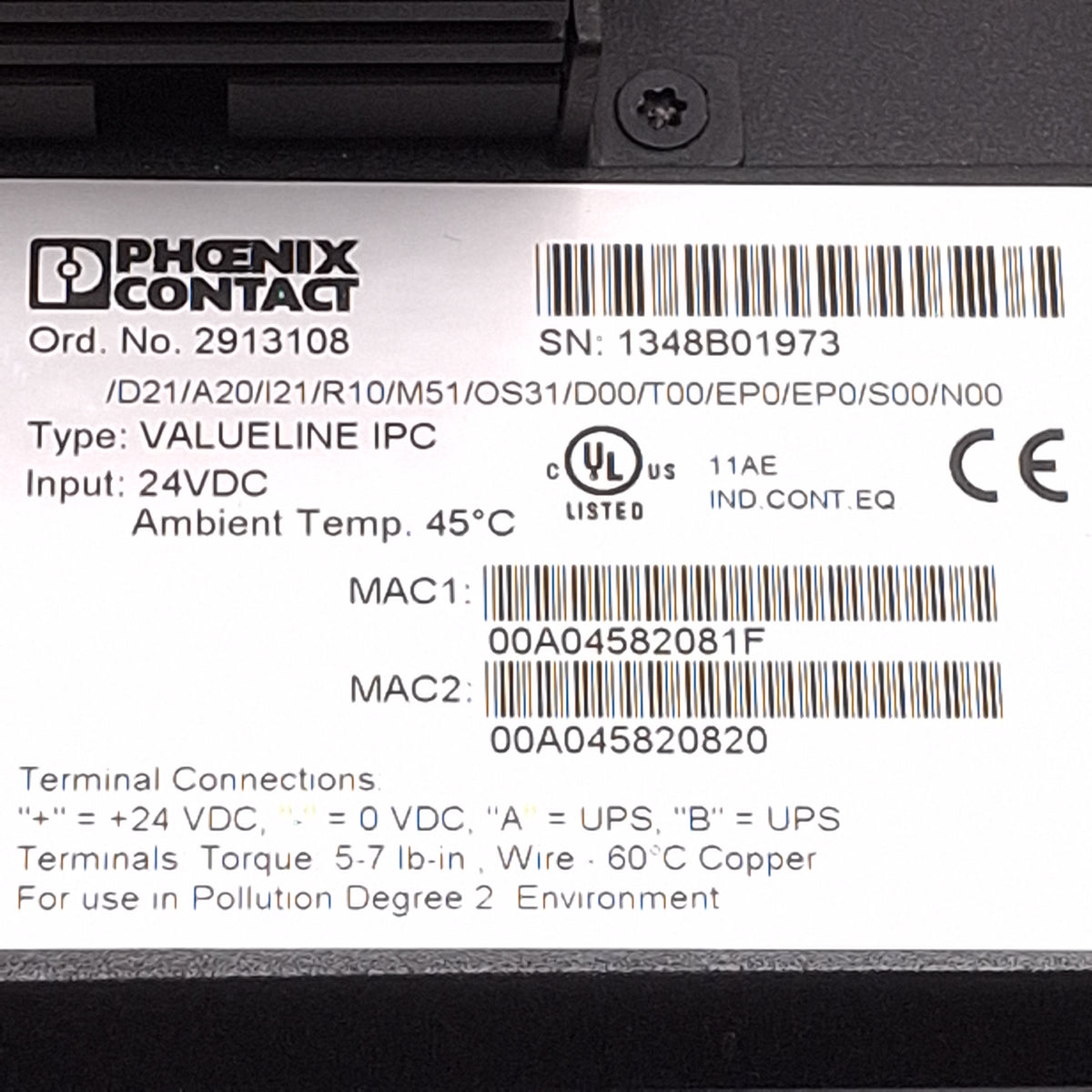 Used Phoenix Contact 2913108 /D21/A20/I21 Valveline TouchPanel Industrial PC, 24VDC