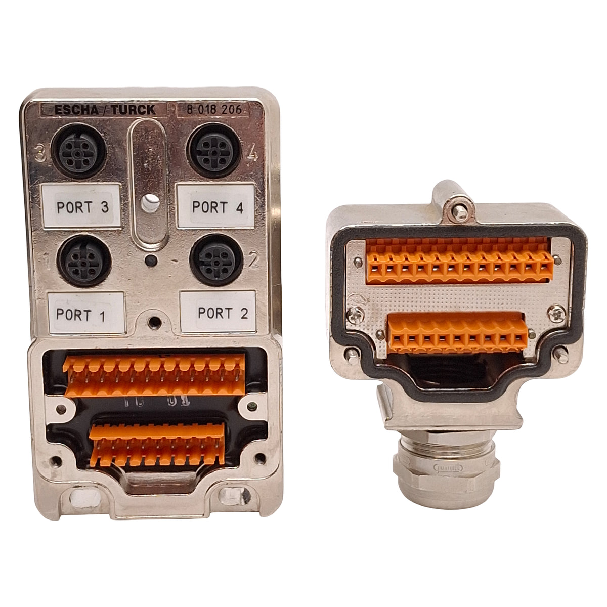 Used Escha/Turck U8018206 4MB12-5P1-MS-SK Junction Box 4-Port, M12 5-Pin Female, Zinc