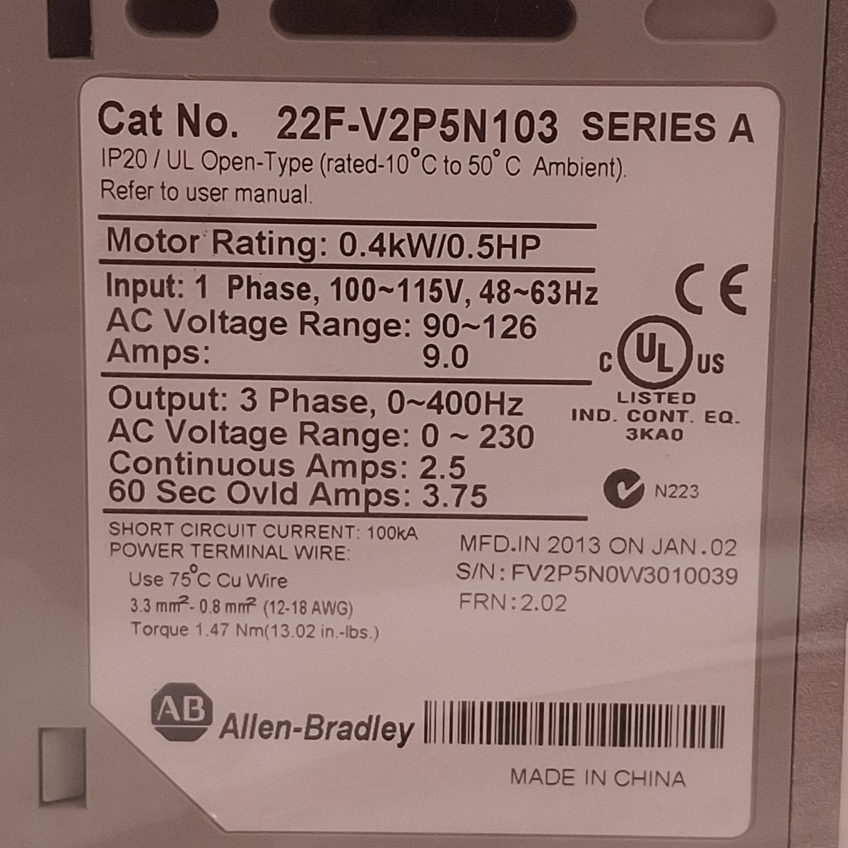 New Allen Bradley 22F-V2P5N103 PowerFlex4M AC Drive, 0.4kW/0.5HP, 3Ø 230VAC 2.5A