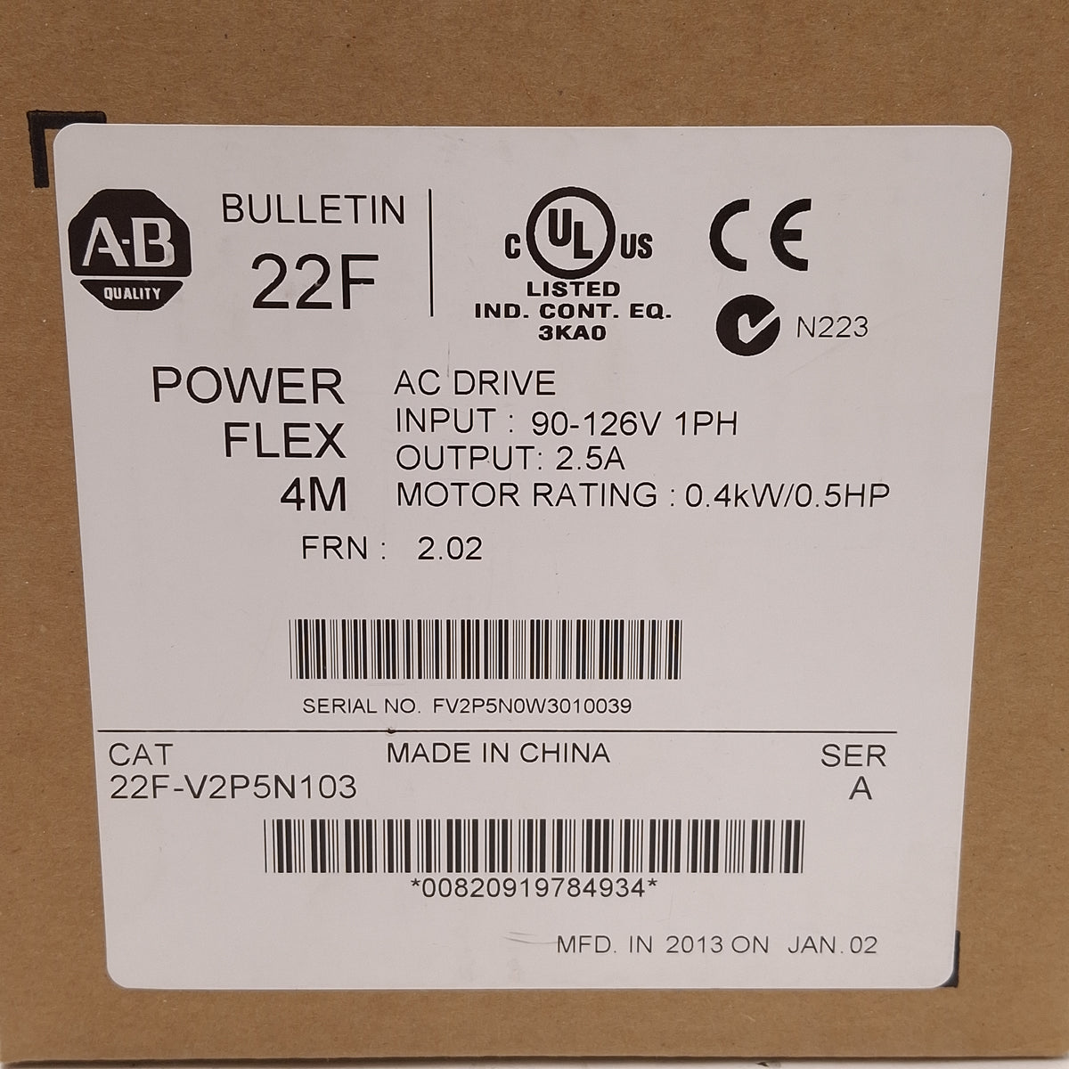 New Allen Bradley 22F-V2P5N103 PowerFlex4M AC Drive, 0.4kW/0.5HP, 3Ø 230VAC 2.5A