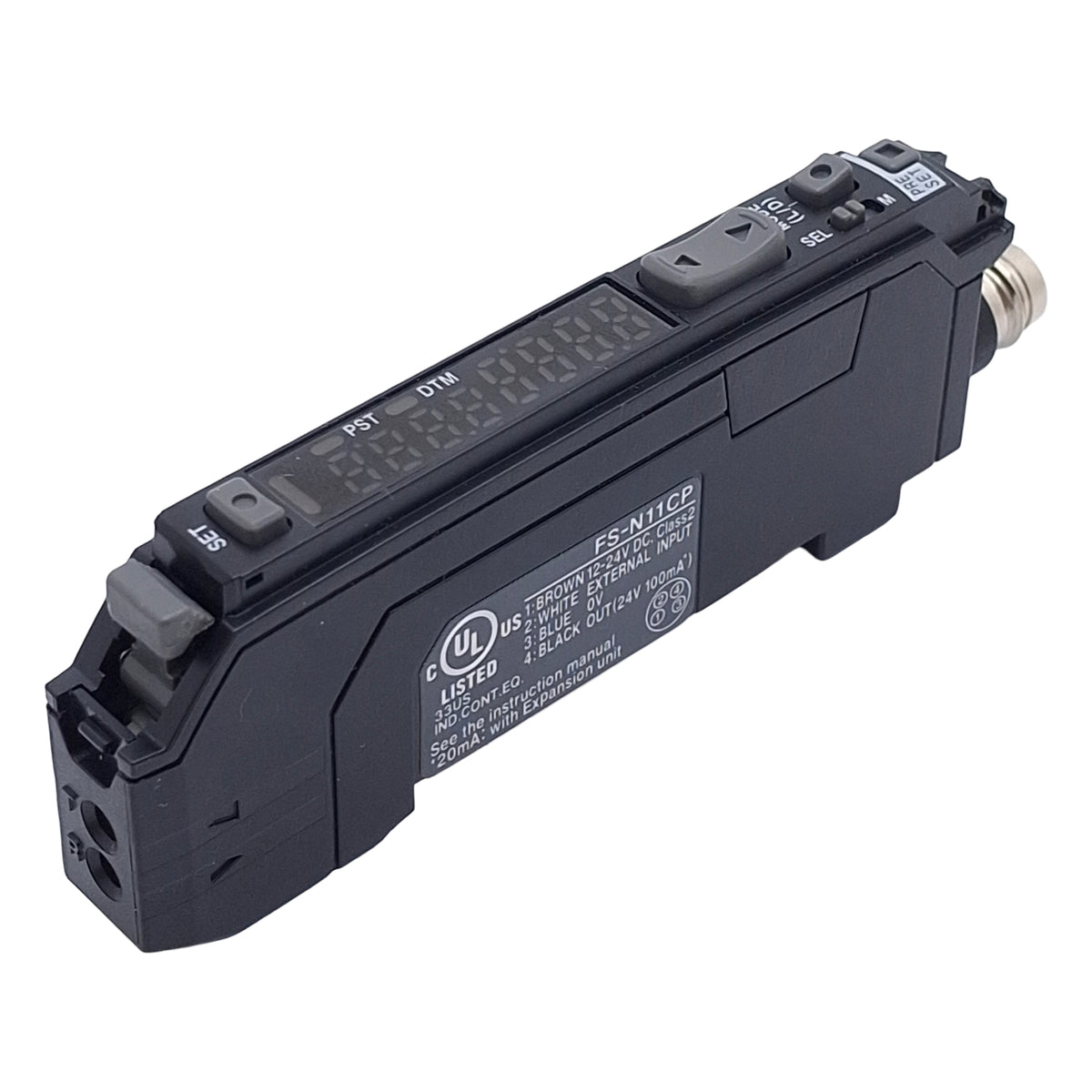 Used Keyence FS-N11CP Digital Fiber Optic Amplifier, PNP, 12-24VDC, 100mA, 4-Pin M8