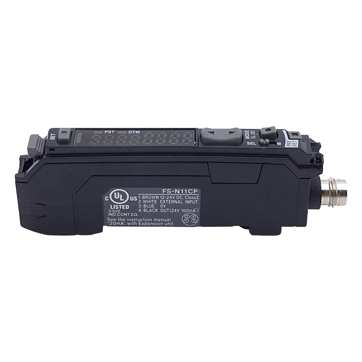 Used Keyence FS-N11CP Digital Fiber Optic Amplifier, PNP, 12-24VDC, 100mA, 4-Pin M8