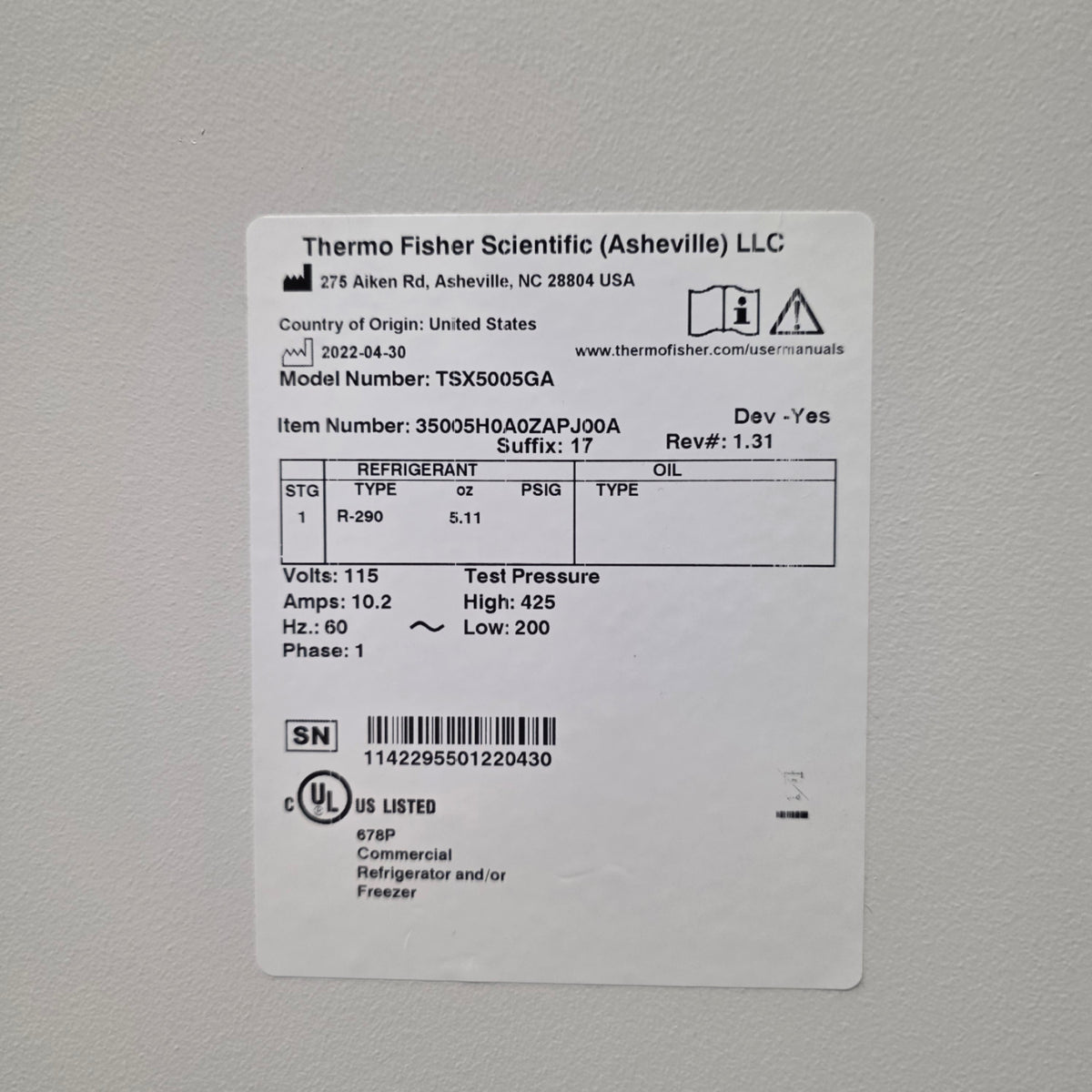 Used Thermo Fisher Scientific TSX5005GA High Performance Lab Refrigerator 3-7°C, 120V