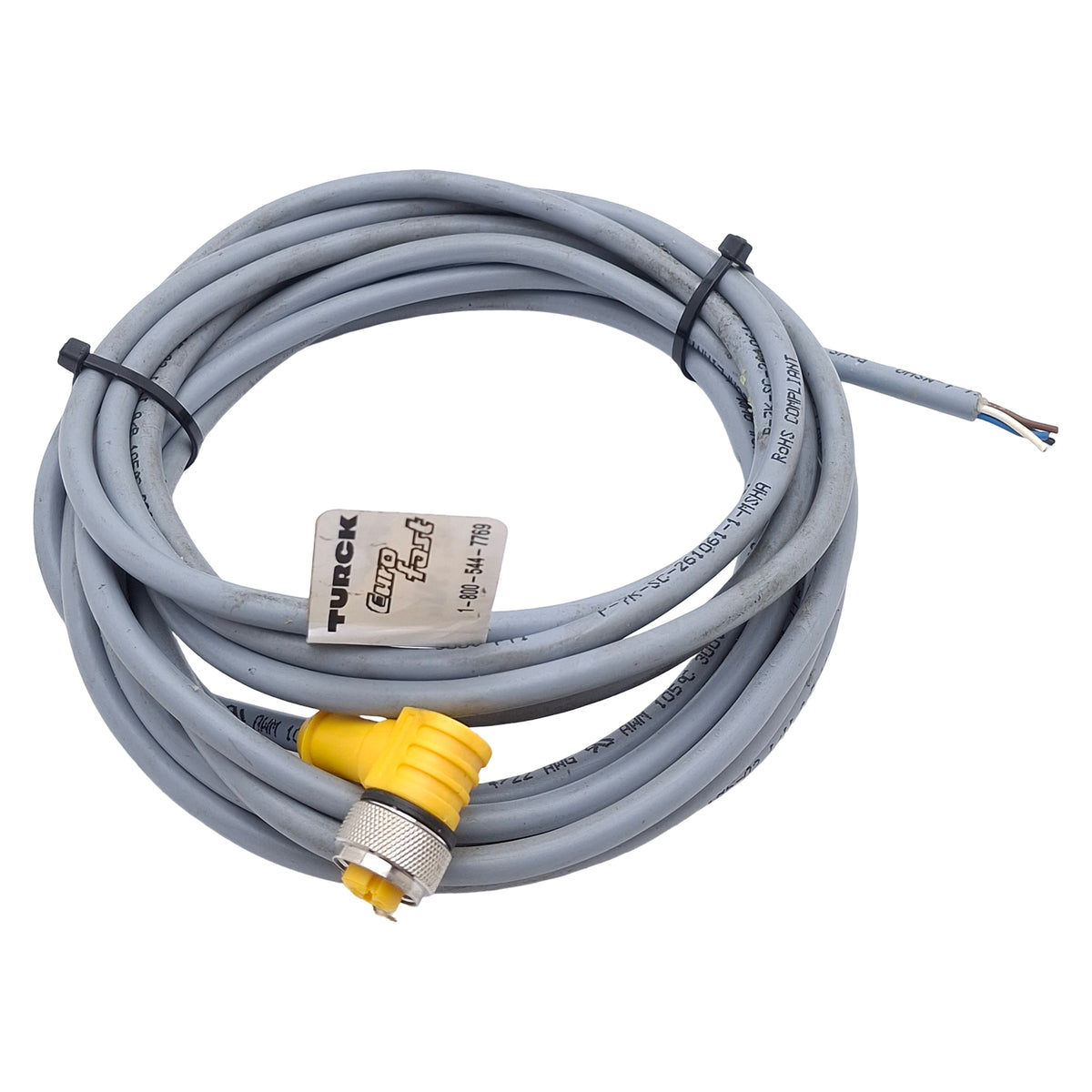 Used Turck WK4.4T-5 Cordset, 4-Pin M12 Right Angle Female to Leads, 4A 250VAC, 3.5m